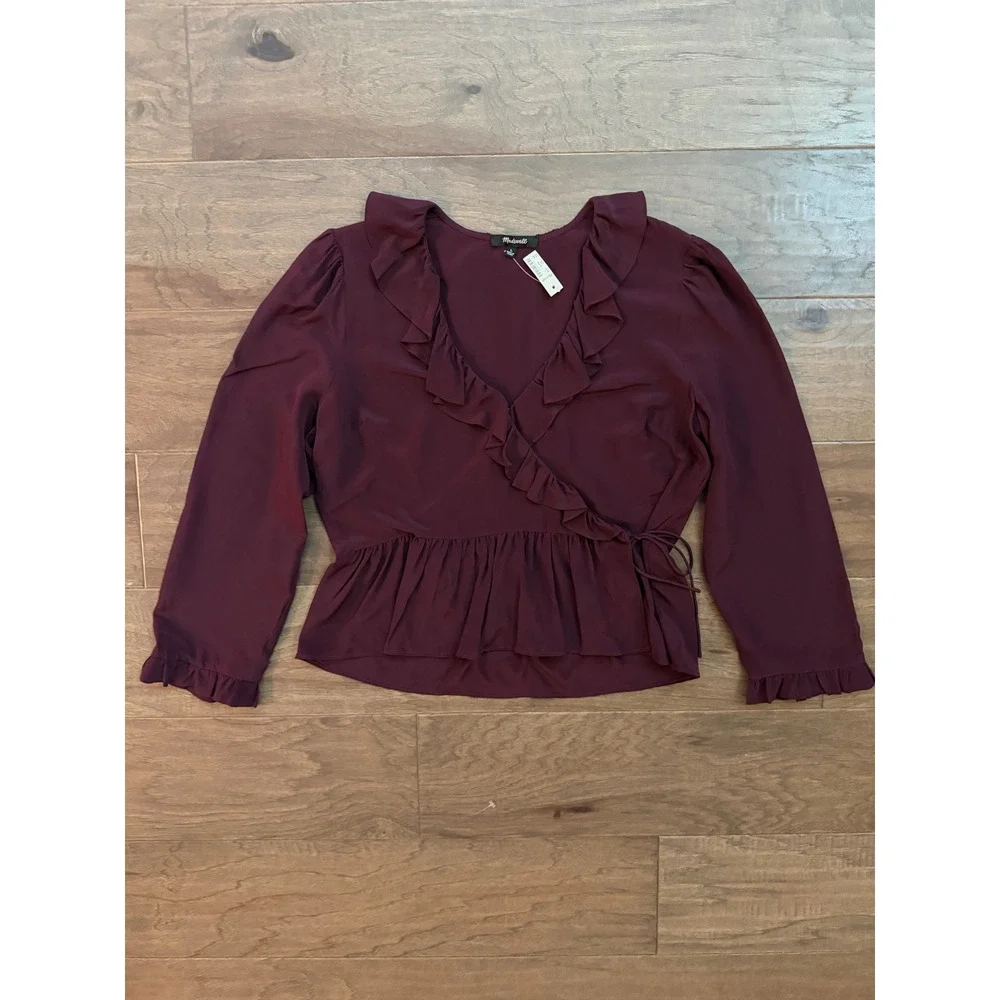 NWT Madewell Silk Ruffle Wrap Top Cabernet Burgundy Peplum Blouse K0209 Womens L